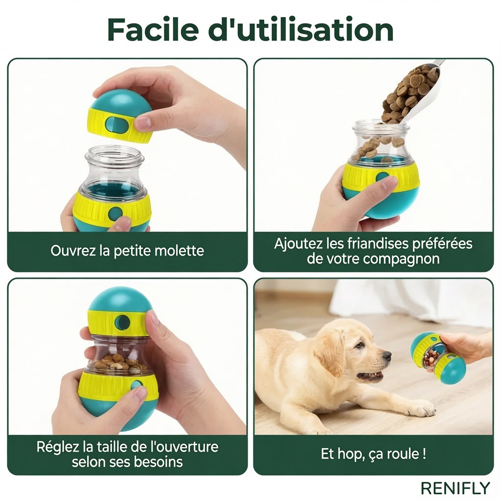 Chien jouant avec le distributeur de friandises Renifly